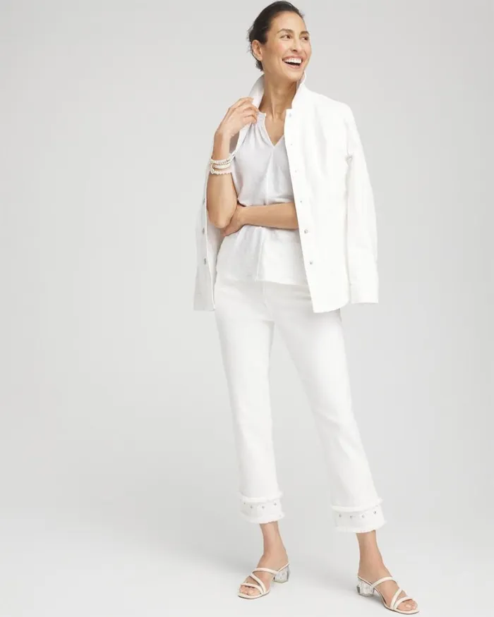 Chico039s Jeans and Denim No Stain Embellished Girlfriend Cropped Jeans Alabaster 8211 Clothing
