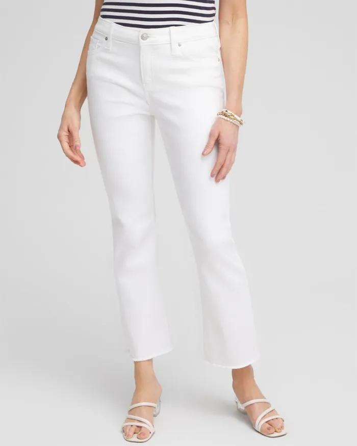 Chico039s Jeans and Denim No Stain Girlfriend Fray Hem Kick Flare Jeans Alabaster 8211 Clothing