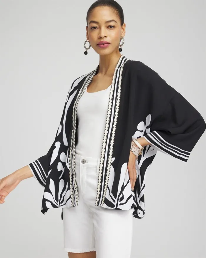 Chico039s Ponchos and Ruanas Black and White Floral Kimono Black 8211 Shoes and Accessories