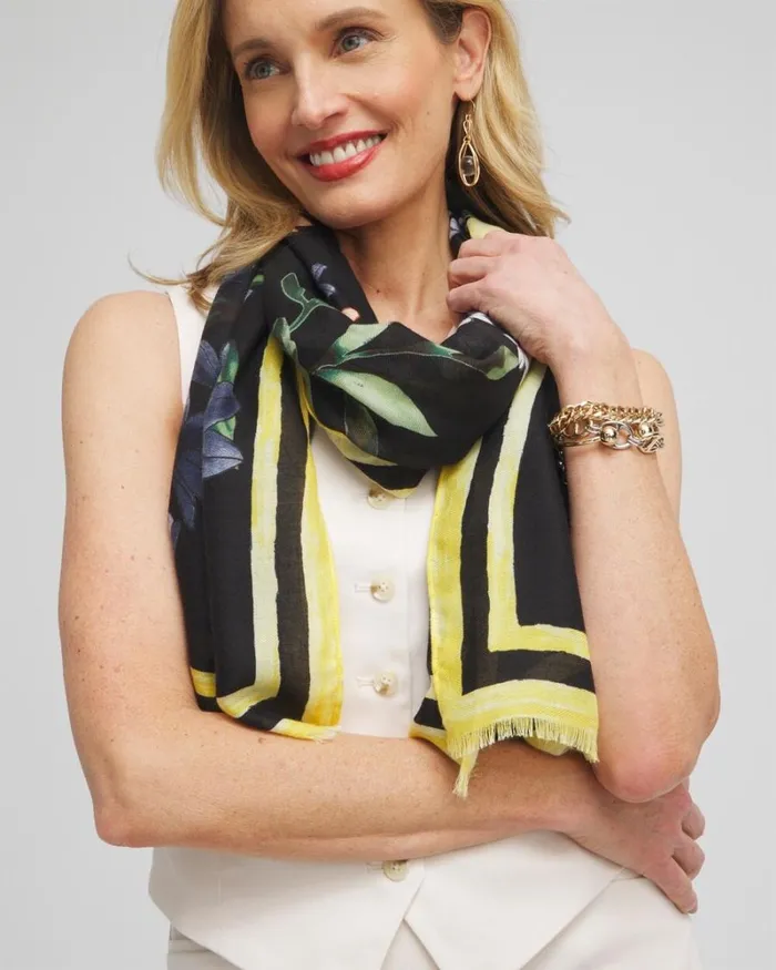 Chico039s Scarves Floral Oblong Scarf Black 8211 Shoes and Accessories