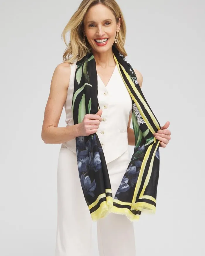 Chico039s Scarves Floral Oblong Scarf Black 8211 Shoes and Accessories