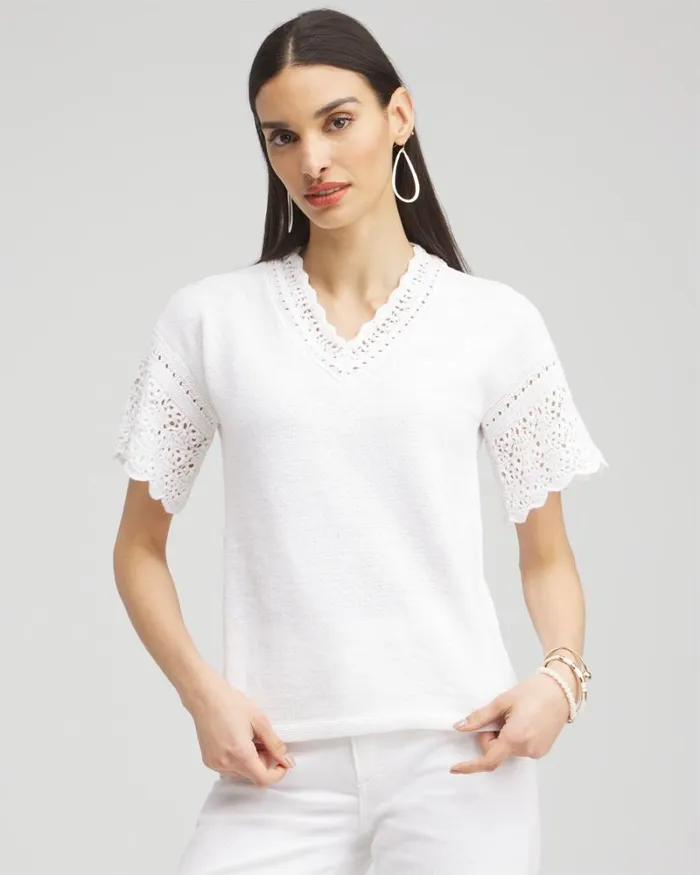 Chico039s Sweaters Pointelle Knit Pullover Sweater Alabaster 8211 Clothing