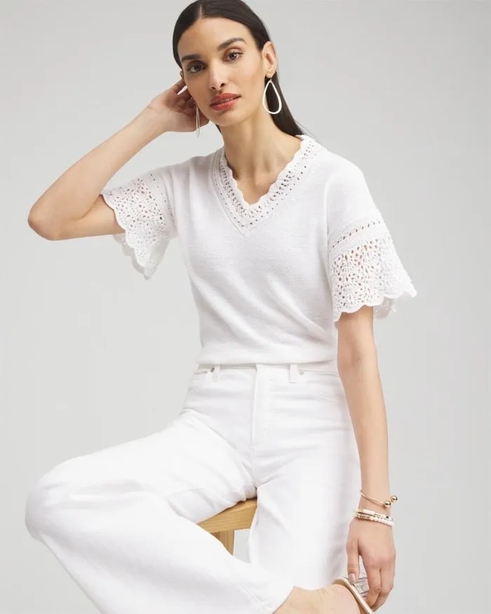 Chico039s Sweaters Pointelle Knit Pullover Sweater Alabaster 8211 Clothing