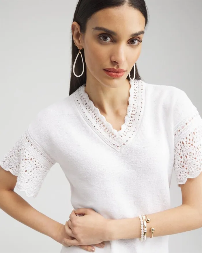 Chico039s Sweaters Pointelle Knit Pullover Sweater Alabaster 8211 Clothing