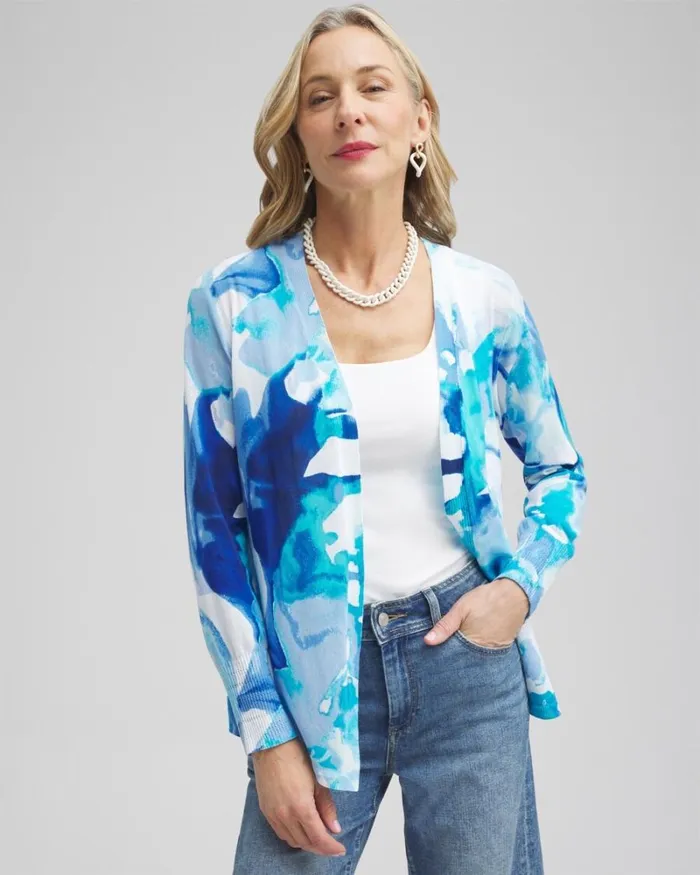 Chico039s Sweaters Summer Romance Watercolor Topper Cardigan Intense Azure 8211 Clothing