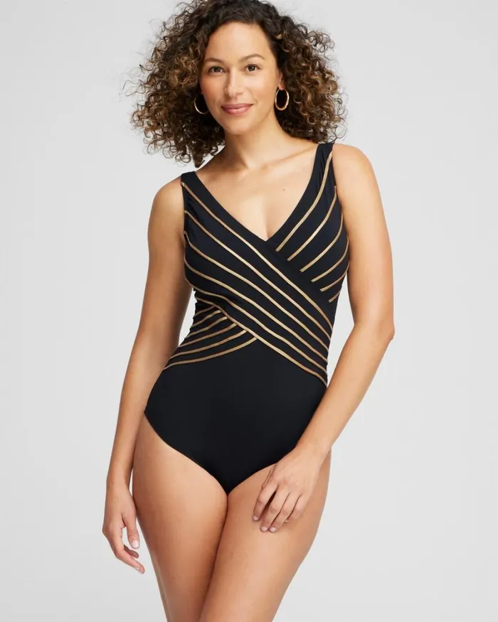Chico039s Swim Gottex Vneck One Piece Swimsuit Blackgold 8211 Clothing