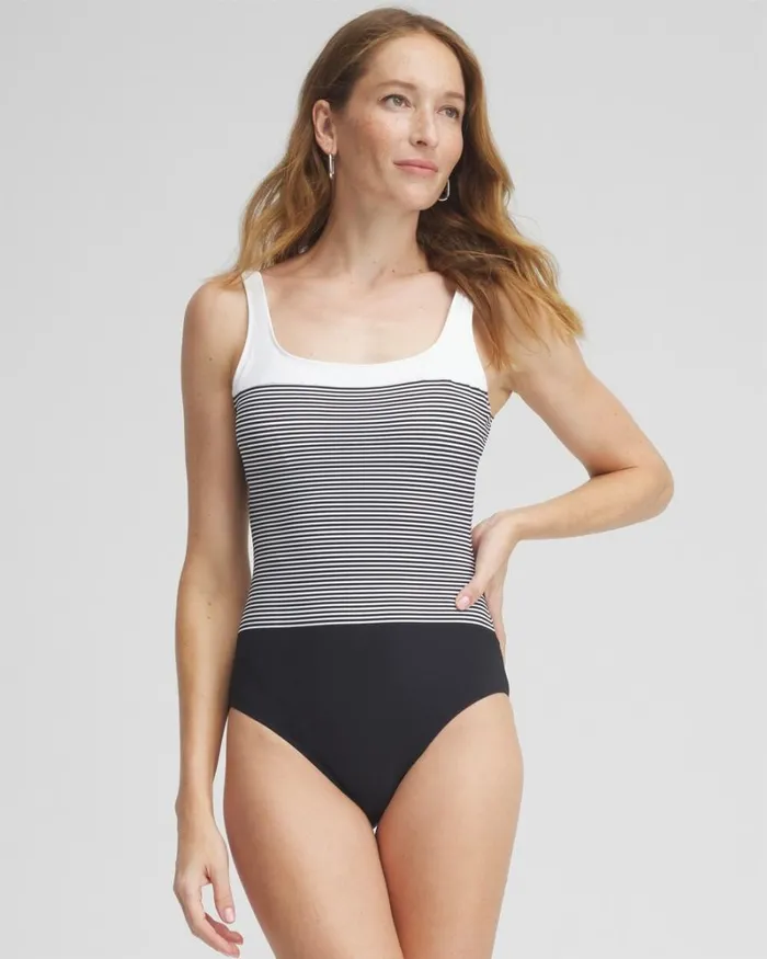 Chico039s Swim Striped One Piece Swimsuit Blackwhite 8211 Clothing