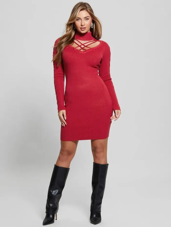 Dresses and Jumpsuits Women Eco Dylan Mock Neck Cutout Dress Chili Red GUESS
