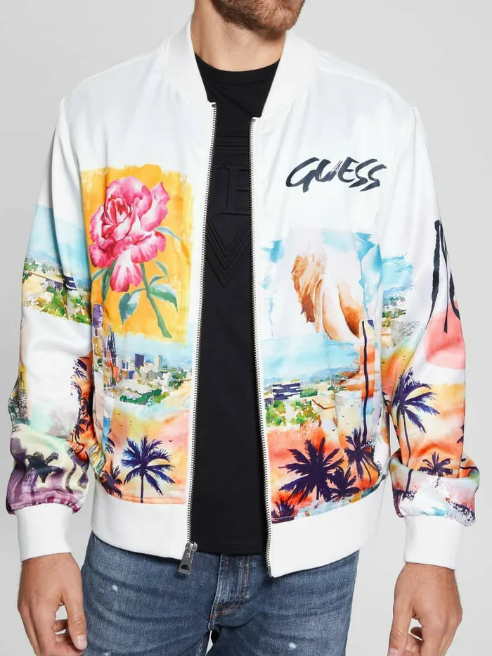 Eco Watercolor Satin Flight Jacket Salt White Multi Men Jackets and Coats GUESS