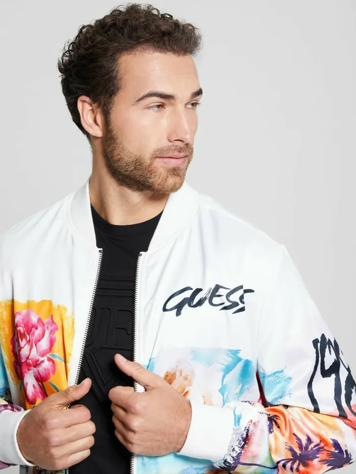 Eco Watercolor Satin Flight Jacket Salt White Multi Men Jackets and Coats GUESS Eco Watercolor Satin Flight Jacket Salt White Multi Men Jackets and Coats GUESS