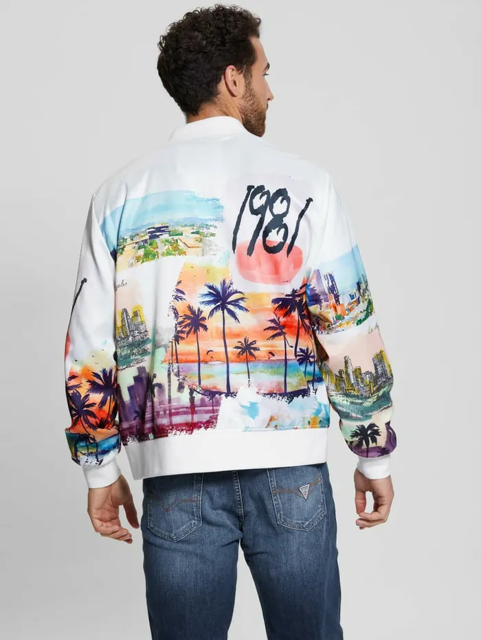 Eco Watercolor Satin Flight Jacket Salt White Multi Men Jackets and Coats GUESS Eco Watercolor Satin Flight Jacket Salt White Multi Men Jackets and Coats GUESS