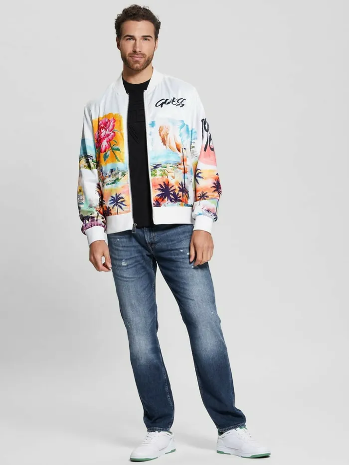 Eco Watercolor Satin Flight Jacket Salt White Multi Men Jackets and Coats GUESS Eco Watercolor Satin Flight Jacket Salt White Multi Men Jackets and Coats GUESS