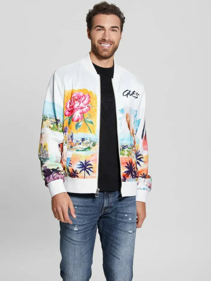 Eco Watercolor Satin Flight Jacket Salt White Multi Men Jackets and Coats GUESS Eco Watercolor Satin Flight Jacket Salt White Multi Men Jackets and Coats GUESS