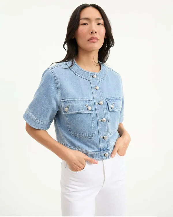 Elias Denim Short Sleeve Jacket Silverwood Blue Women Veronica Beard Jackets and Outerwear Elias Denim Short Sleeve Jacket Silverwood Blue Women Veronica Beard Jackets and Outerwear