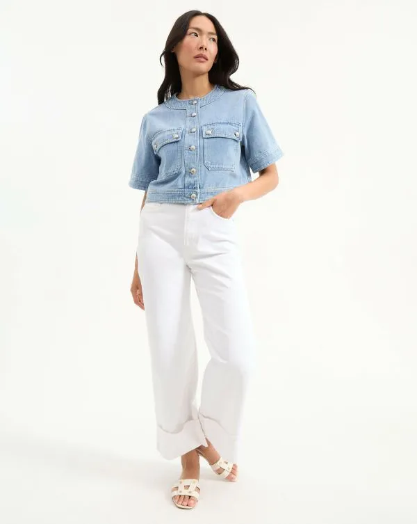 Elias Denim Short Sleeve Jacket Silverwood Blue Women Veronica Beard Jackets and Outerwear Elias Denim Short Sleeve Jacket Silverwood Blue Women Veronica Beard Jackets and Outerwear