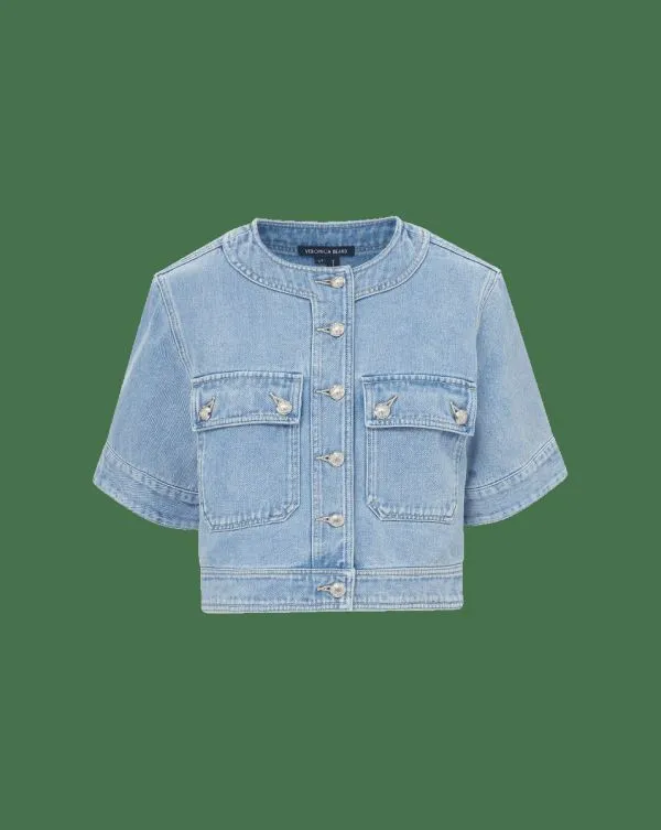 Elias Denim Short Sleeve Jacket Silverwood Blue Women Veronica Beard Jackets and Outerwear Elias Denim Short Sleeve Jacket Silverwood Blue Women Veronica Beard Jackets and Outerwear