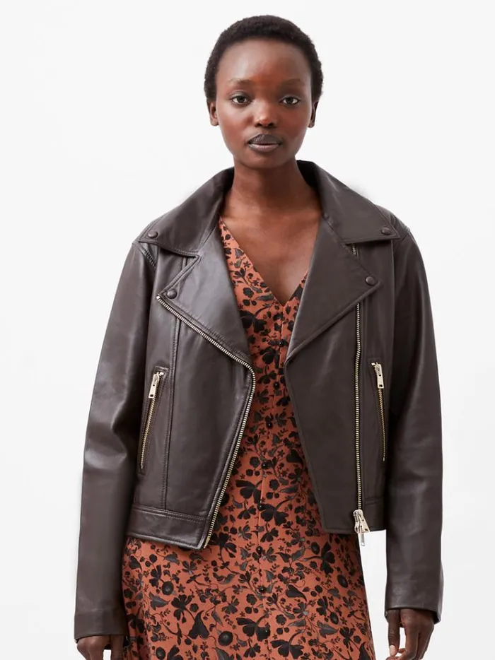 French Connection Coats and Jackets Becket Leather Military Jacket Chocolate Ganache 8211 Woman