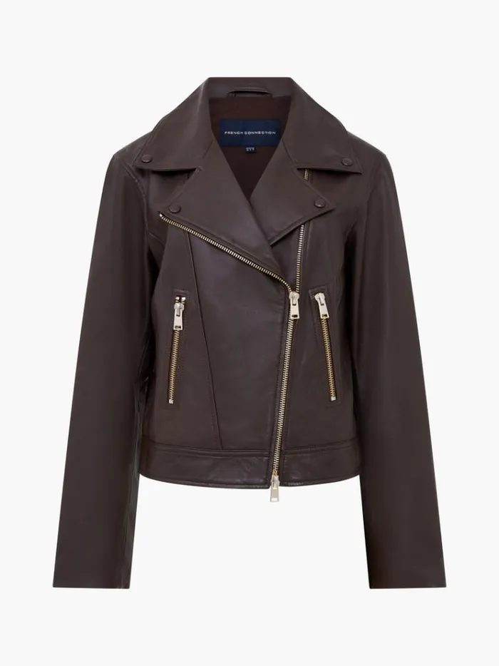 French Connection Coats and Jackets Becket Leather Military Jacket Chocolate Ganache 8211 Woman