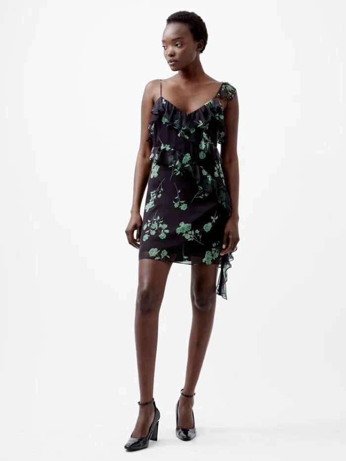 French Connection Dresses Alessandra Recycled Crinkle Ruffle Mini Dress Blackoutminted Grn 8211 Woman