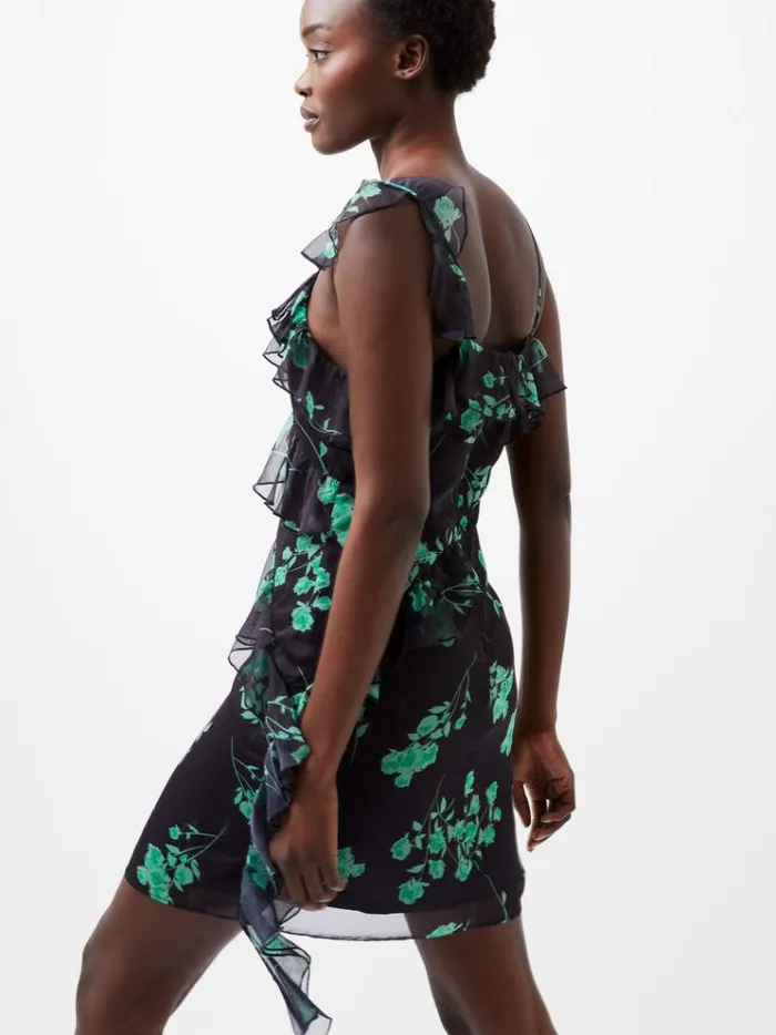 French Connection Dresses Alessandra Recycled Crinkle Ruffle Mini Dress Blackoutminted Grn 8211 Woman