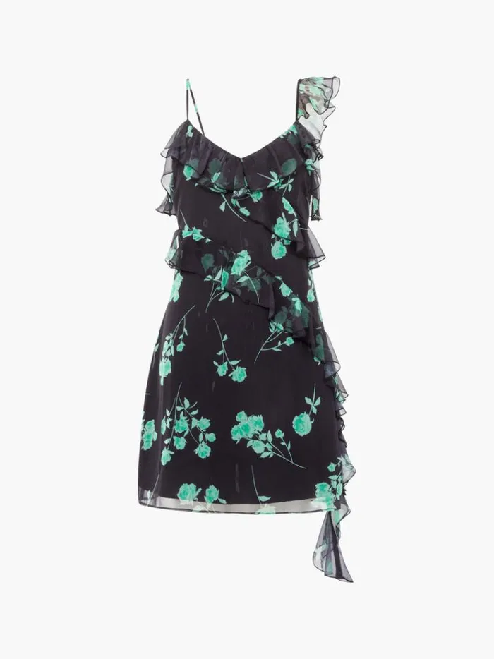 French Connection Dresses Alessandra Recycled Crinkle Ruffle Mini Dress Blackoutminted Grn 8211 Woman