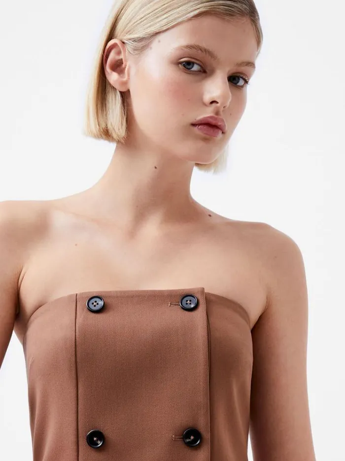 French Connection Dresses Azra Twill Bandeau Midi Dress Camel 8211 Woman