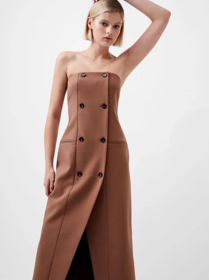 French Connection Dresses Azra Twill Bandeau Midi Dress Camel 8211 Woman