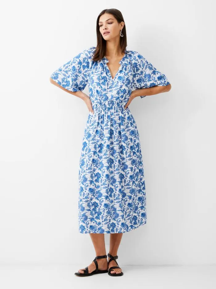 French Connection Dresses Cosette Smock Waist Midi Dress Whitebaja Blue 8211 Woman French Connection Dresses Cosette Smock Waist Midi Dress Whitebaja Blue 8211 Woman