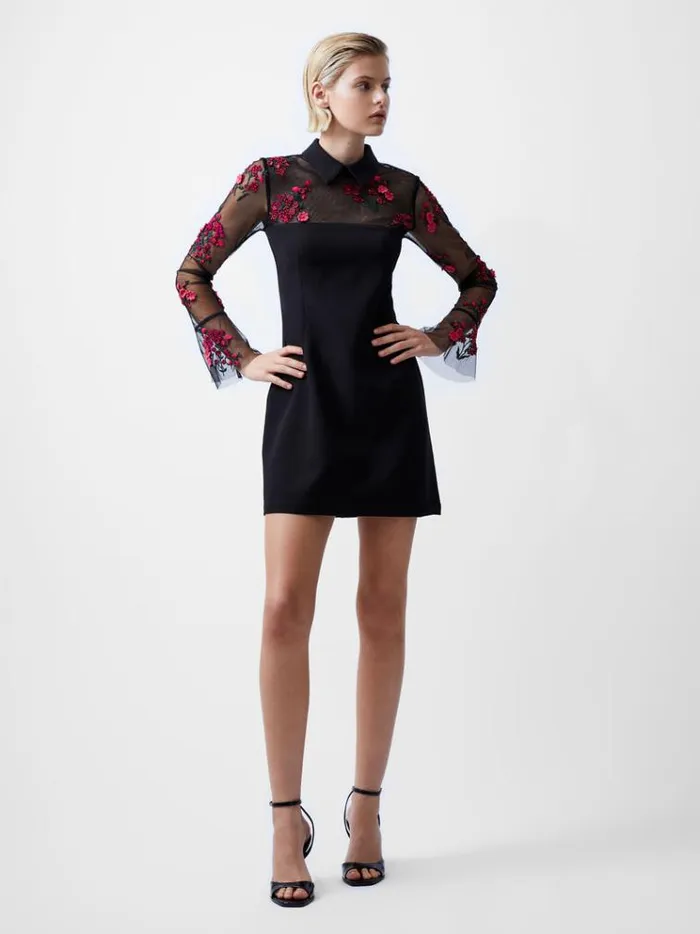 French Connection Dresses Darcy Embroidered Long Sleeve Mini Dress Blackluminous Pink 8211 Woman