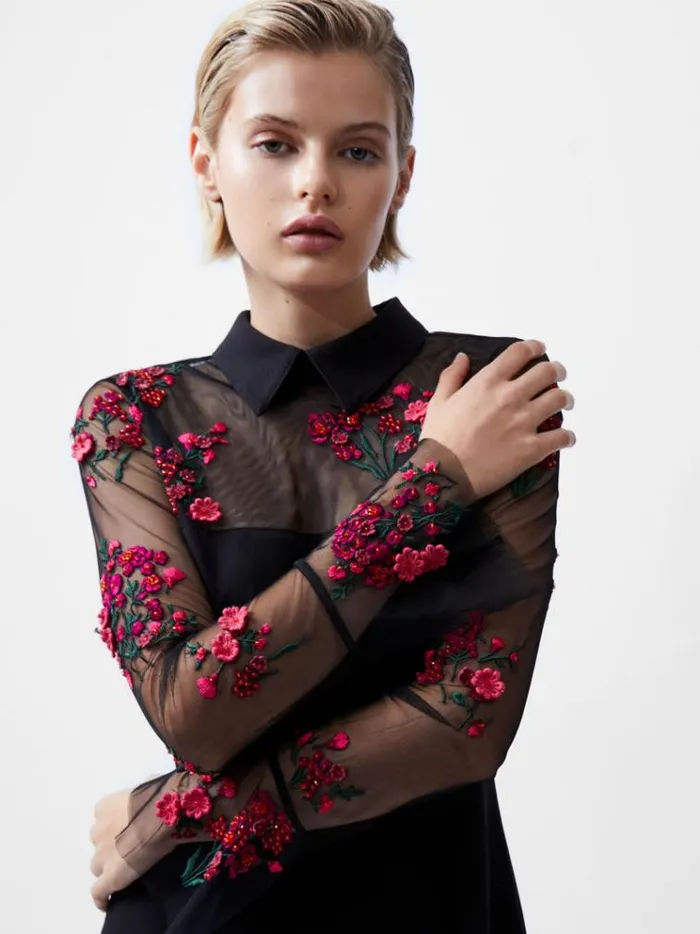 French Connection Dresses Darcy Embroidered Long Sleeve Mini Dress Blackluminous Pink 8211 Woman