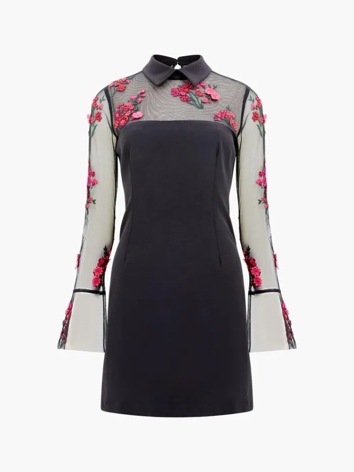 French Connection Dresses Darcy Embroidered Long Sleeve Mini Dress Blackluminous Pink 8211 Woman