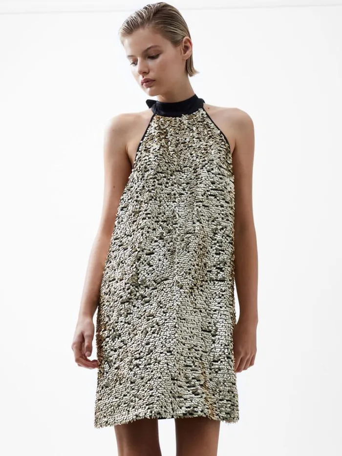 French Connection Dresses Elah Sequin Halterneck Mini Dress Metallic Gold 8211 Woman