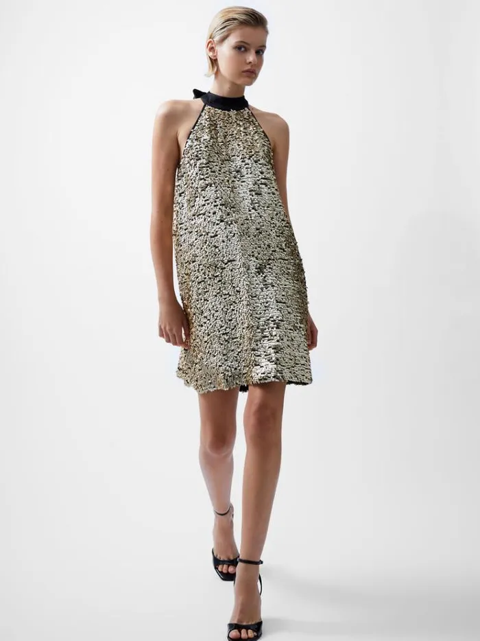 French Connection Dresses Elah Sequin Halterneck Mini Dress Metallic Gold 8211 Woman