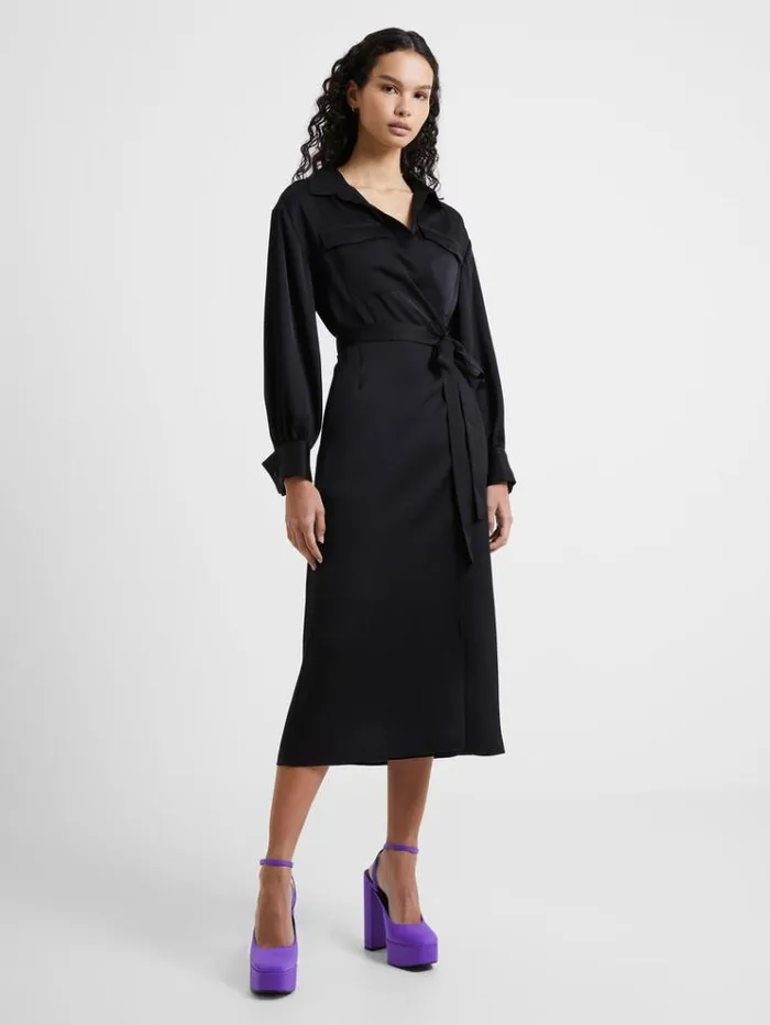 French Connection Dresses Harlow Recycled Satin Crossover Midi Dress Blackout 8211 Woman French Connection Dresses Harlow Recycled Satin Crossover Midi Dress Blackout 8211 Woman