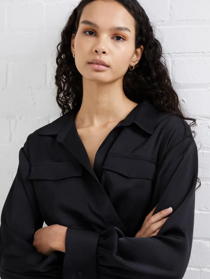 French Connection Dresses Harlow Recycled Satin Crossover Midi Dress Blackout 8211 Woman
