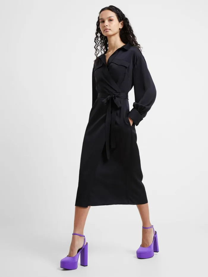 French Connection Dresses Harlow Recycled Satin Crossover Midi Dress Blackout 8211 Woman