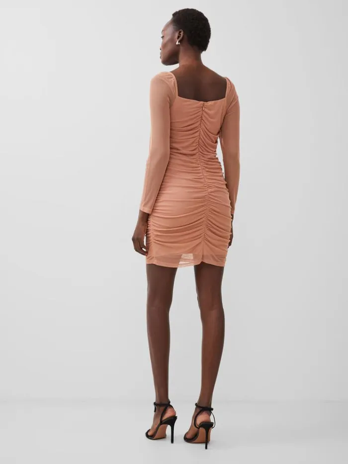 French Connection Dresses Toni Mesh Rouched Mini Dress Mocha Mousse 8211 Woman