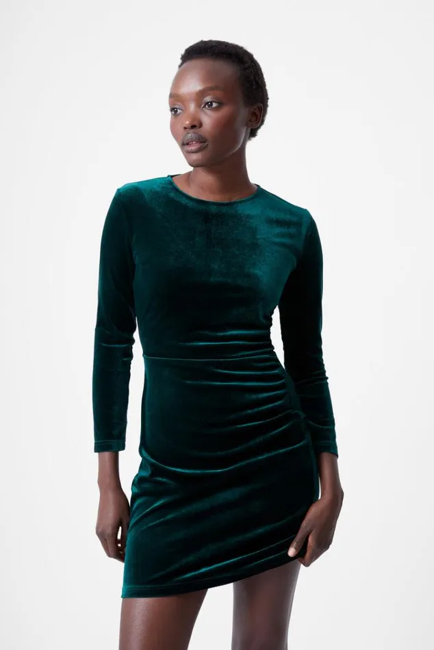 French Connection Dresses Velvet Ruched Long Sleeve Mini Dress Dark Green 8211 Woman