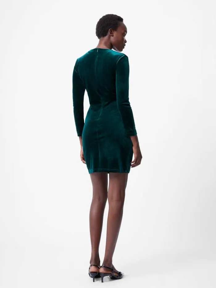 French Connection Dresses Velvet Ruched Long Sleeve Mini Dress Dark Green 8211 Woman
