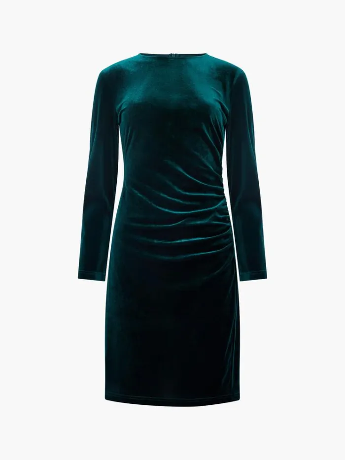 French Connection Dresses Velvet Ruched Long Sleeve Mini Dress Dark Green 8211 Woman