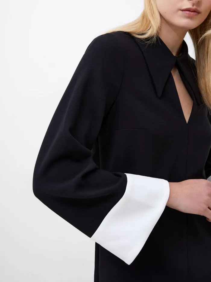 French Connection Dresses Whisper Long Sleeve Folded Cuff Mini Dress Blackoutlinen White 8211 Woman