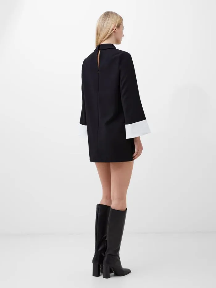 French Connection Dresses Whisper Long Sleeve Folded Cuff Mini Dress Blackoutlinen White 8211 Woman