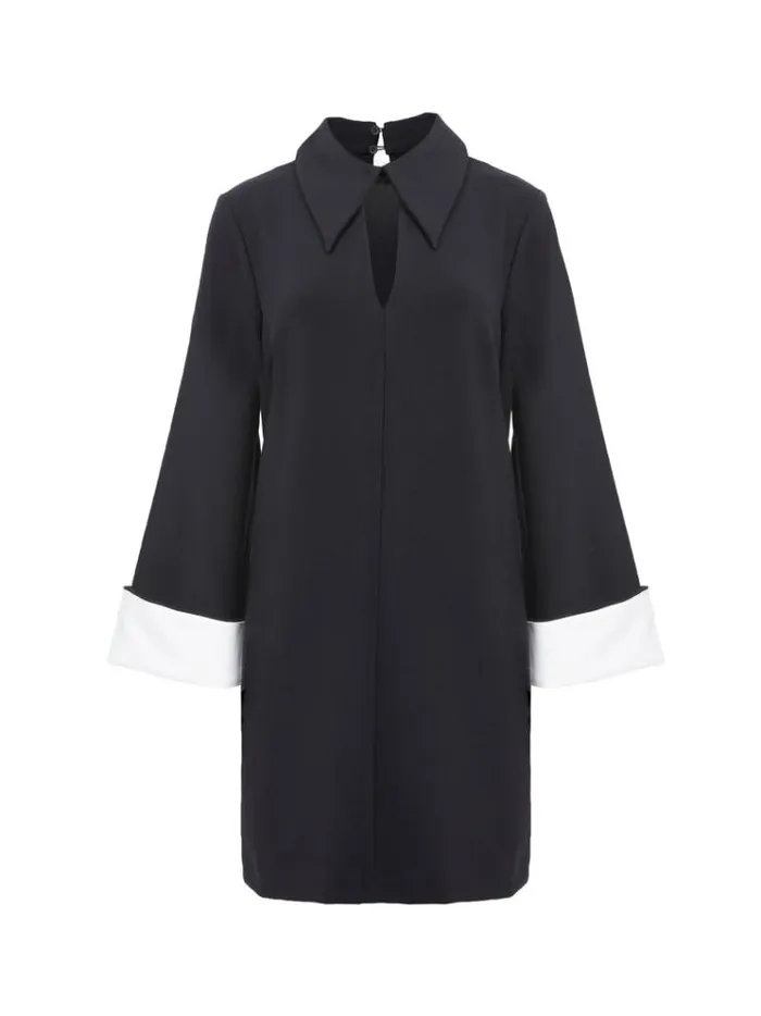 French Connection Dresses Whisper Long Sleeve Folded Cuff Mini Dress Blackoutlinen White 8211 Woman