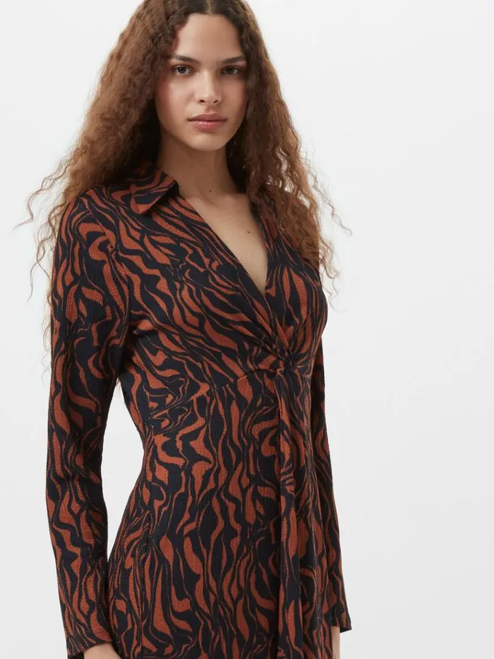 French Connection Dresses Zaria Textured Abstract Print Long Sleeve Dress Blackbrown 8211 Woman