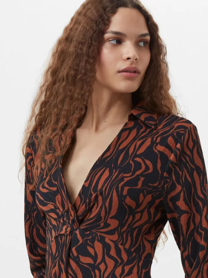 French Connection Dresses Zaria Textured Abstract Print Long Sleeve Dress Blackbrown 8211 Woman