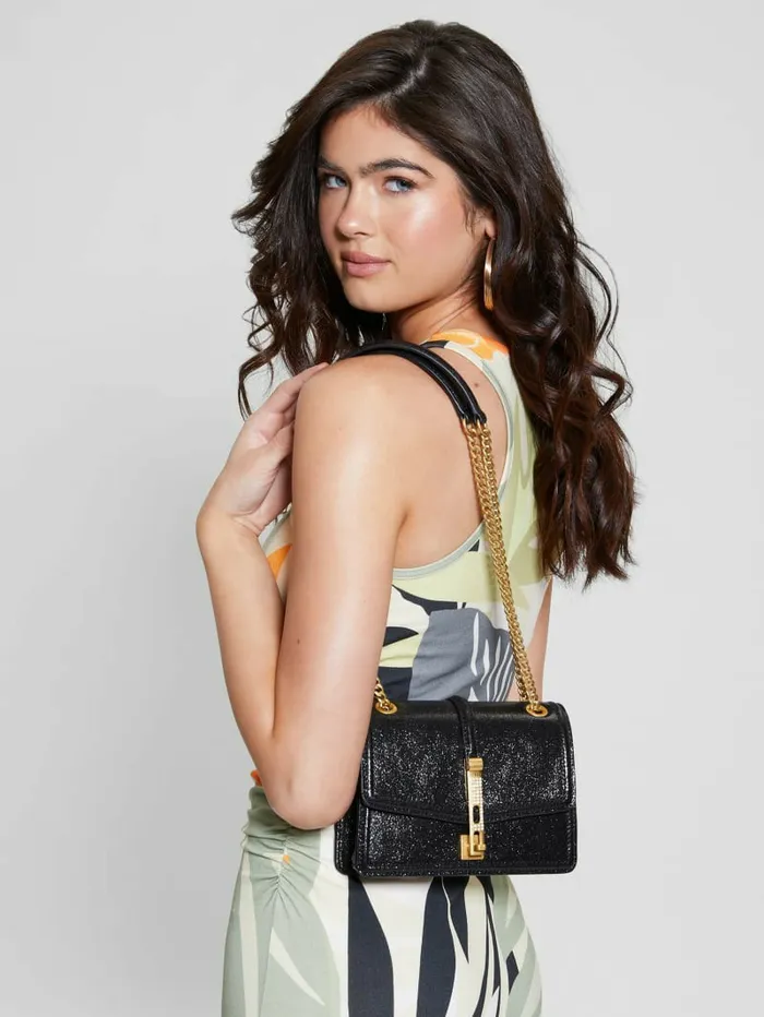 Gilded Glamour Mini Convertible Crossbody Black Floral Print Women Handbags GUESS