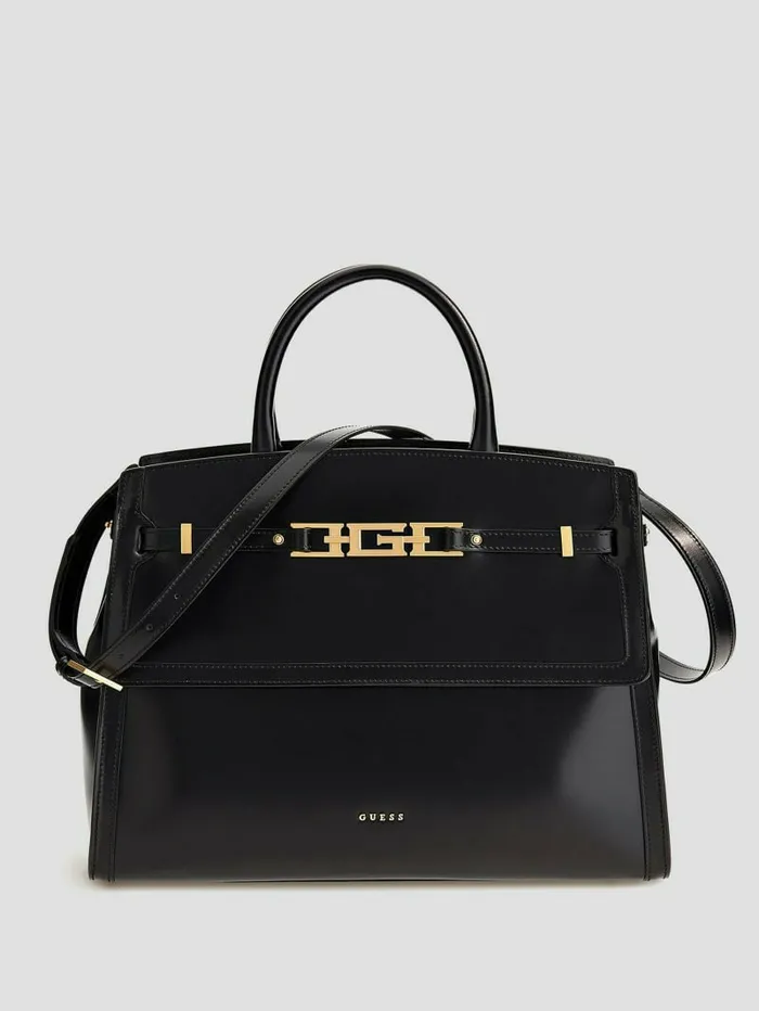 GUESS Cristina Medium Leather Satchel Black Floral Print Women Handbags
