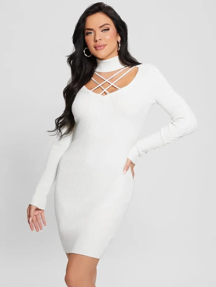 GUESS Eco Dylan Mock Neck Cutout Dress Dove White Women Dresses and Jumpsuits