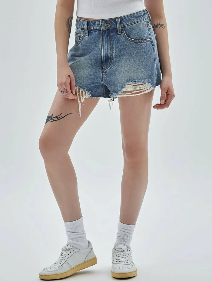 GUESS GUESS Originals Kit Destroyed Denim Shorts Go Fez Medium Wash Women Bottoms