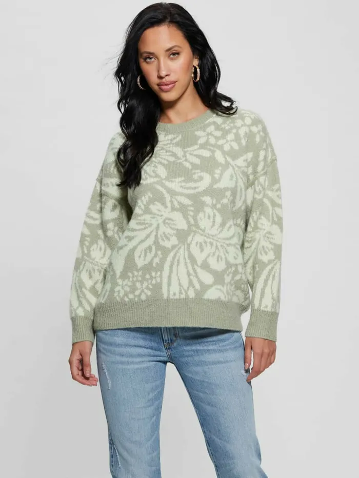 GUESS Hibiscus WoolBlend Sweater Folk Floral Print Light M Women Sweaters and Knits